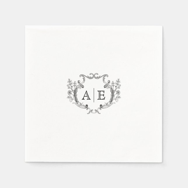 Elegant Monogram Crest Black and White Wedding  Napkins (Front)