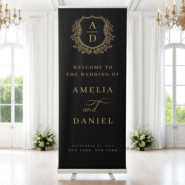 Elegant Monogram Crest Black Gold Wedding Welcome Retractable Banner (Creator Uploaded)