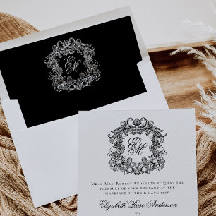 Elegant Monogram Crest Black Wedding Envelope Liner