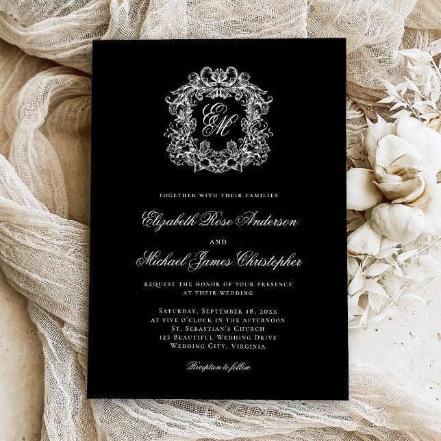 Elegant Monogram Crest Black Wedding Invitation (Creator Uploaded)