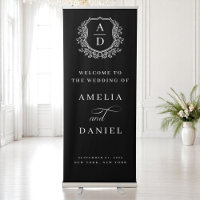 Elegant Monogram Crest Black Wedding Welcome