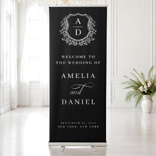Elegant Monogram Crest Black Wedding Welcome Retractable Banner