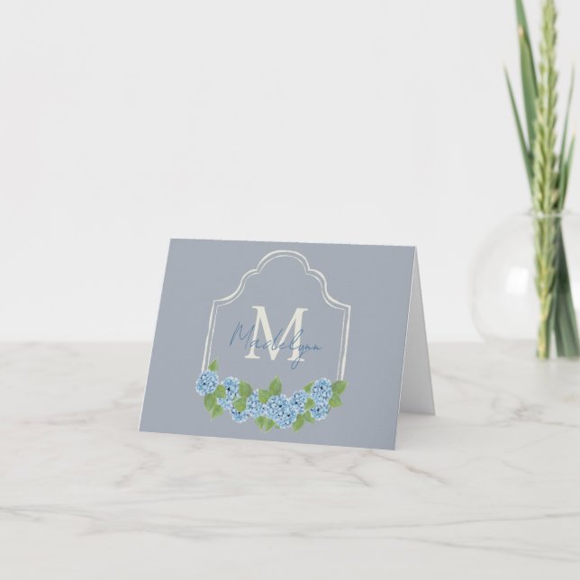 Elegant Monogram Crest Blue Hydrangea Note Card (Front)