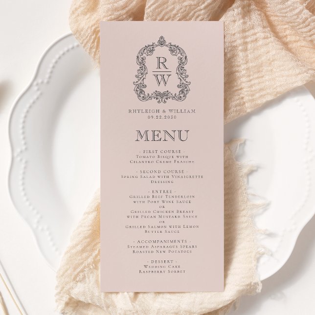 Elegant Monogram Crest Blush Pink Wedding Menu (Creator Uploaded)