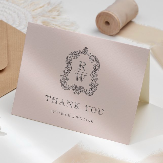 Elegant Monogram Crest Blush Pink Wedding Thank You Card (Creator Uploaded)