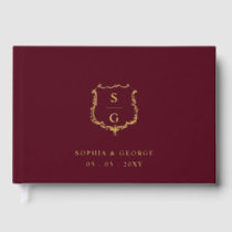 Elegant Monogram Crest Burgundy and Gold Wedding Foil Guest Book