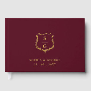 Elegant Monogram Crest Burgundy and Gold Wedding Foil Guest Book