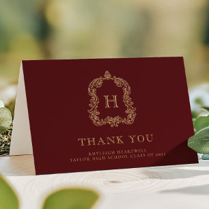 Elegant Monogram Crest Burgundy Gold Graduation Thank You Card