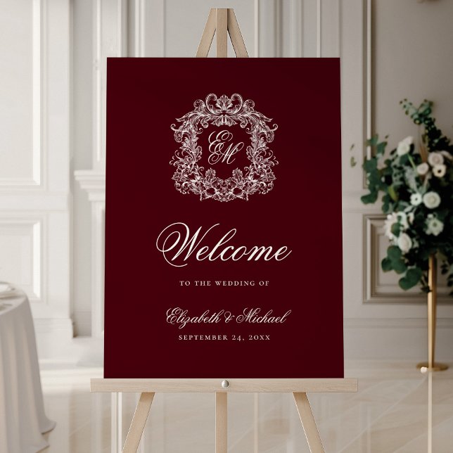 Elegant Monogram Crest Burgundy Wedding Welcome Foam Board (Creator Uploaded)