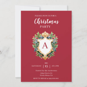 Elegant Monogram Crest Christmas Party Invitation