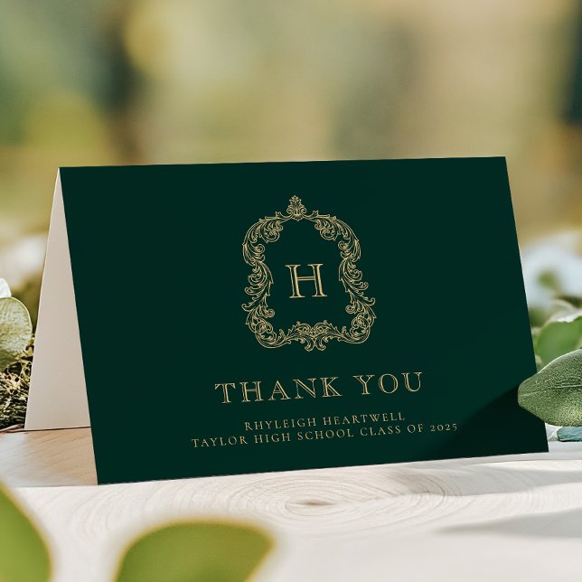 Elegant Monogram Crest Dark Green Gold Graduation Thank You Card (Creator Uploaded)