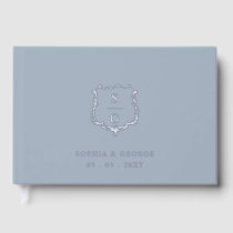 Elegant Monogram Crest Dusty Blue Silver Wedding Foil Guest Book