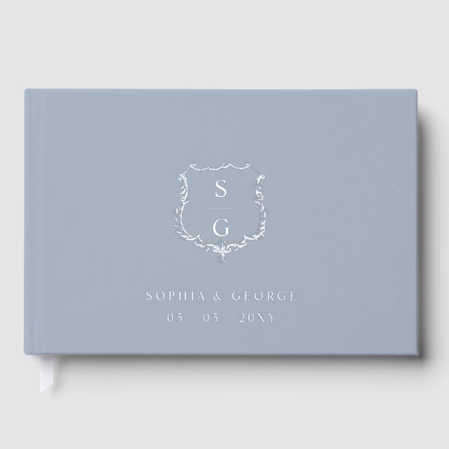 Elegant Monogram Crest Dusty Blue Silver Wedding Foil Guest Book (Front)