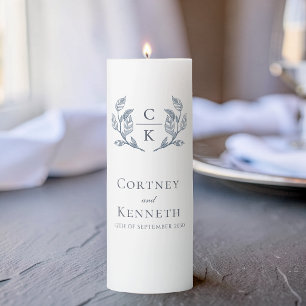 Elegant Monogram Crest Dusty Blue Wedding Decor Pillar Candle