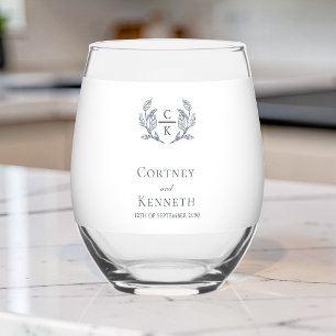 Elegant Monogram Crest Dusty Blue Wedding Decor Stemless Wine Glass