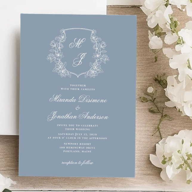 Elegant Monogram Crest Dusty Blue Wedding Invitation (Creator Uploaded)