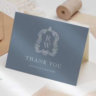 Elegant Monogram Crest Dusty Blue Wedding Letterpress Thank You Card