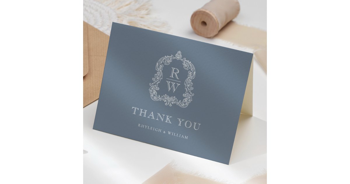 Elegant Monogram Crest Dusty Blue Wedding Thank You Card | Zazzle
