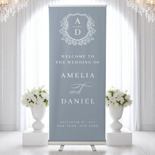 Elegant Monogram Crest Dusty Blue Wedding Welcome Retractable Banner