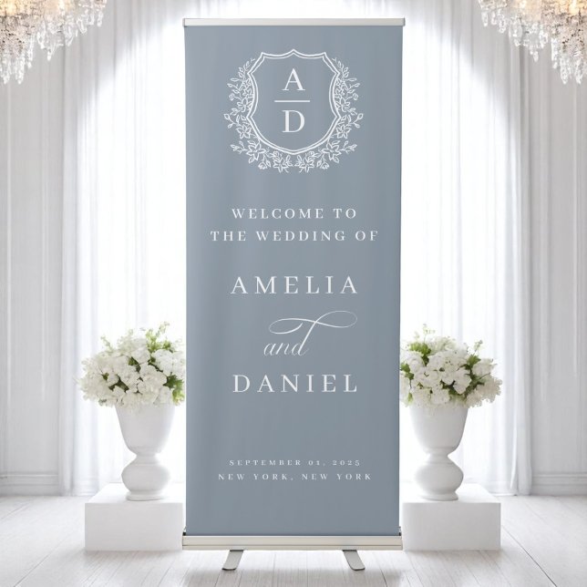 Elegant Monogram Crest Dusty Blue Wedding Welcome Retractable Banner (Creator Uploaded)