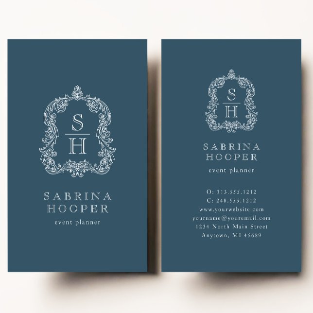 Elegant Monogram Crest Event Planner Indigo Business Card (Creator Uploaded)