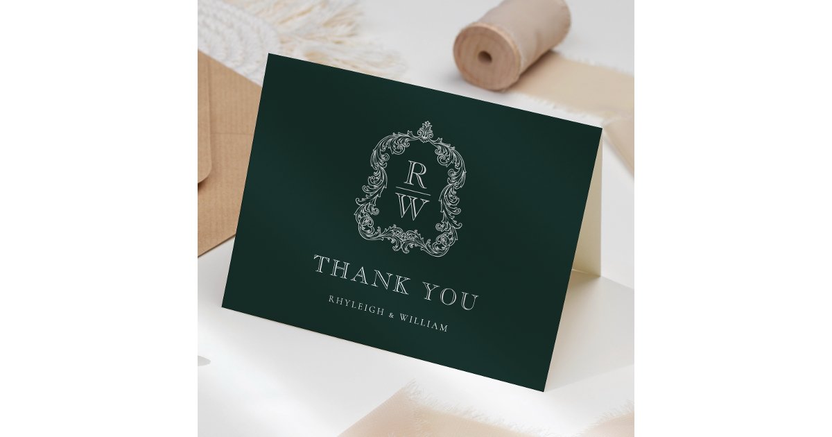 Elegant Monogram Crest Forest Green Wedding Thank You Card | Zazzle