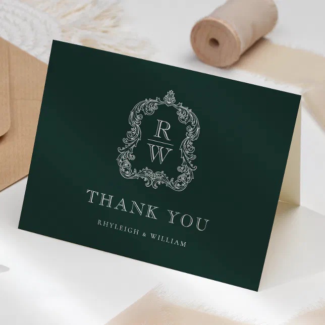 Elegant Monogram Crest Forest Green Wedding Thank You Card | Zazzle