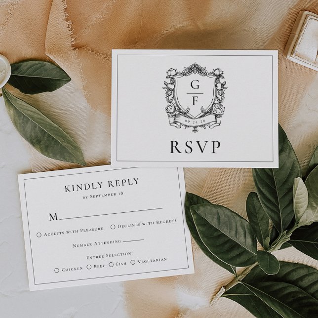 Elegant Monogram Crest French Roses Wedding RSVP Card (Creator Uploaded)