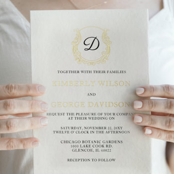 Elegant Monogram Crest Gold Wedding  Foil Invitation by blessedwedding at Zazzle