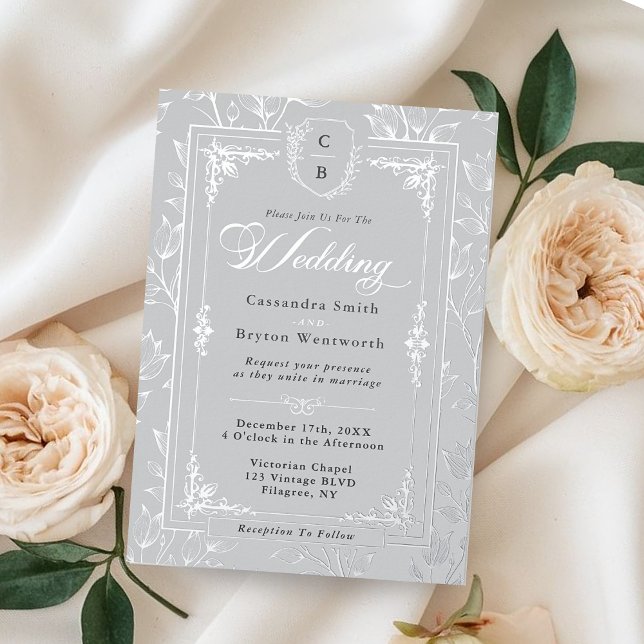 Elegant Monogram Crest Gray Silver Frame Wedding  Foil Invitation (Elegant Monogram Crest Gray Silver Frame Wedding Foil Invitation)