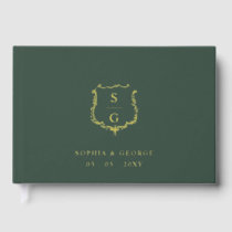 Elegant Monogram Crest Green Gold Wedding Foil Guest Book