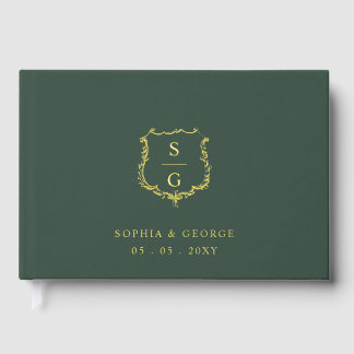 Elegant Monogram Crest Green Gold Wedding Foil Guest Book