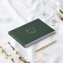 Elegant Monogram Crest Green Gold Wedding Guest Book
