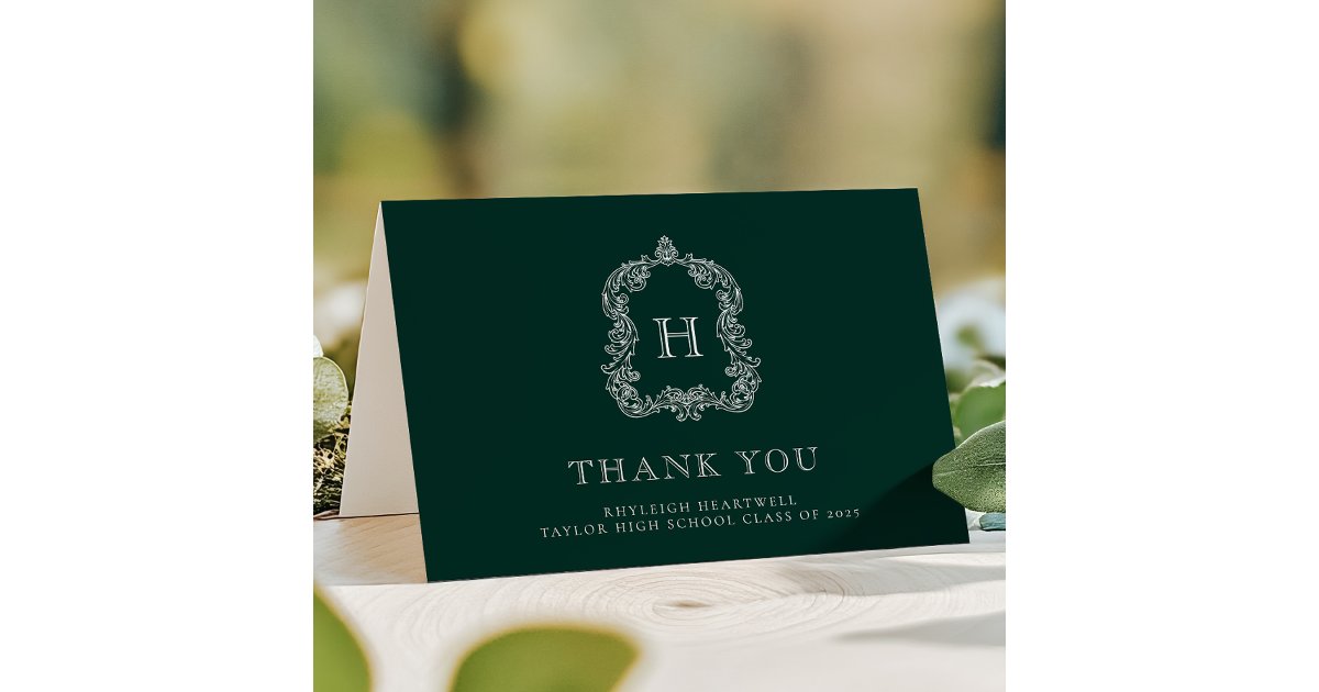 Elegant Monogram Crest Green White Graduation Thank You Card | Zazzle