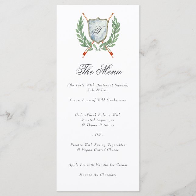 Elegant Monogram Crest Musical Themed Dinner Menu (Front)