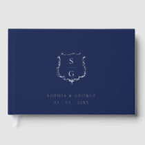 Elegant Monogram Crest Navy and Silver Wedding Foil Guest Book