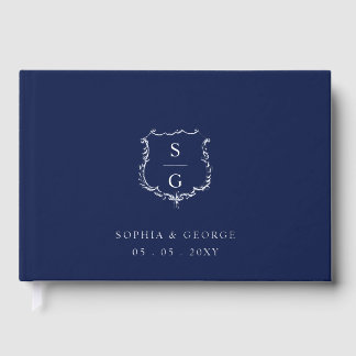 Elegant Monogram Crest Navy and Silver Wedding Foil Guest Book