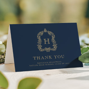Elegant Monogram Crest Navy Blue Gold Graduation Letterpress Thank You Card