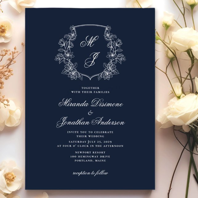 Elegant Monogram Crest Navy Blue Wedding Invitation (Creator Uploaded)