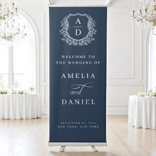Elegant Monogram Crest Navy Blue Wedding Welcome Retractable Banner
