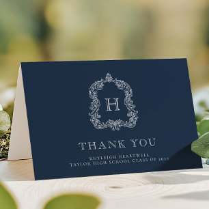 Elegant Monogram Crest Navy Blue White Graduation Letterpress Thank You Card
