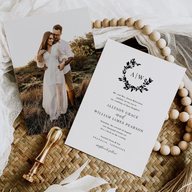 Elegant Monogram Crest Photo Botanical Wedding Invitation (Creator Uploaded)