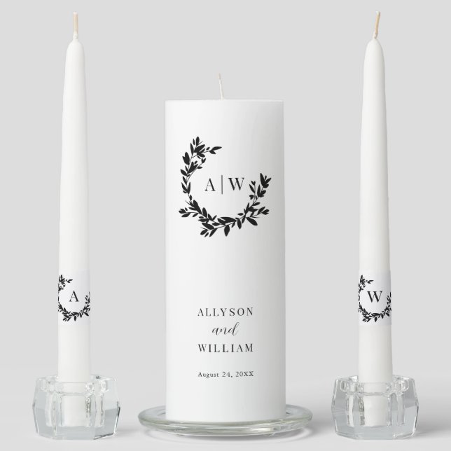Elegant Monogram Crest Photo Botanical Wedding Unity Candle Set (Front)
