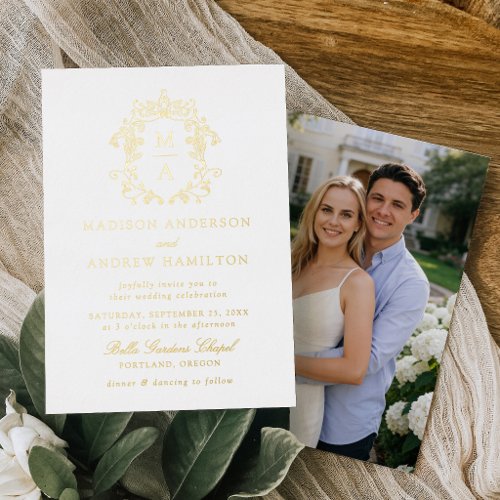 Elegant Monogram Crest Photo Wedding Foil Invitation