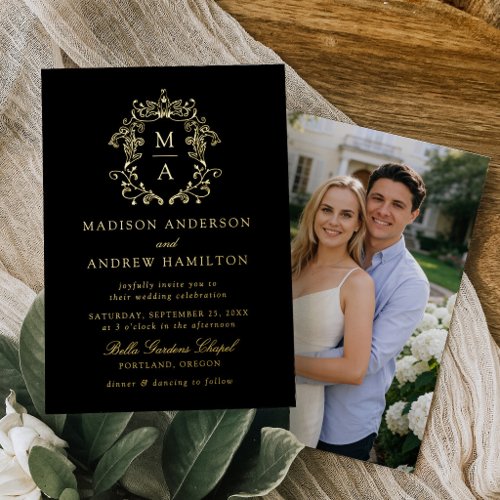 Elegant Monogram Crest Photo Wedding Foil Invitation