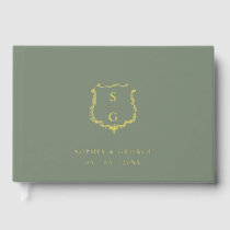 Elegant Monogram Crest Sage and Gold Wedding Foil Guest Book