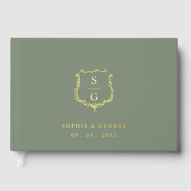 Elegant Monogram Crest Sage and Gold Wedding Foil Guest Book (Front)