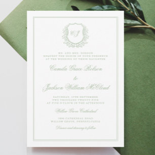 Elegant Monogram Crest Sage Green Wedding Invitation