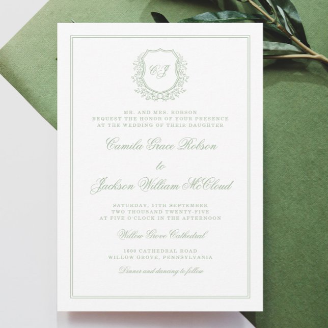 Elegant Monogram Crest Sage Green Wedding Invitation (Creator Uploaded)