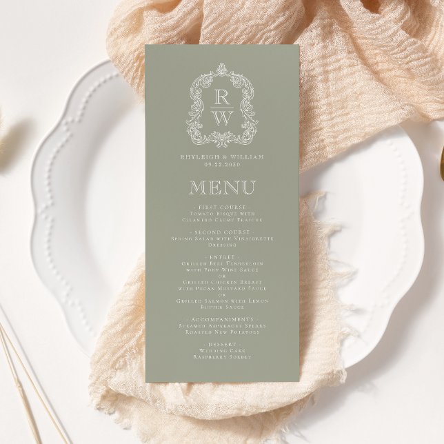 Elegant Monogram Crest Sage Green Wedding Menu (Creator Uploaded)